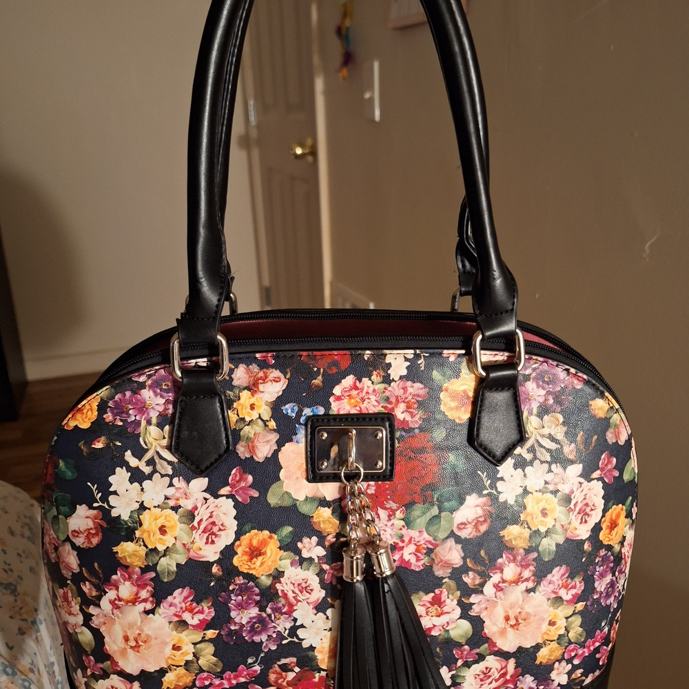 Floral Dome Satchel Shoulder Bag - Black Floral
